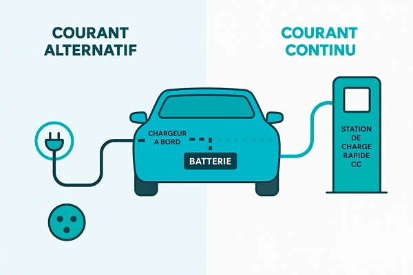 Schéma de fonctionnement V2G - flux électrique bidirectionnel entre véhicule et réseau