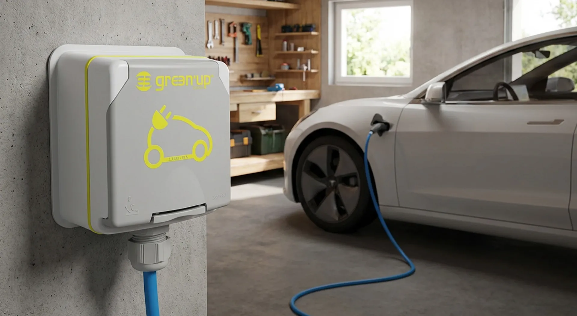 Voiture électrique en recharge à domicile avec borne murale